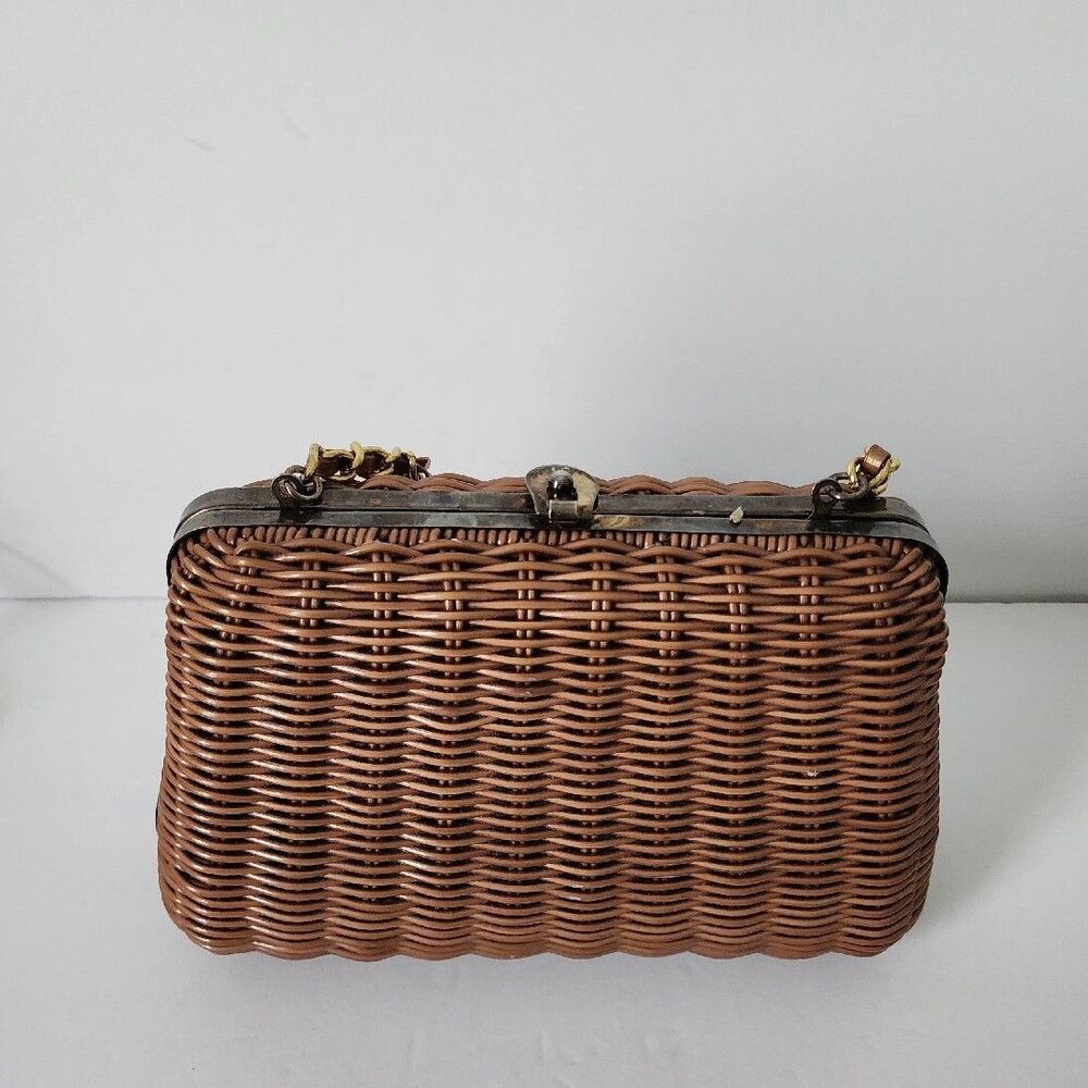 Vintage Tandem Faux Straw Bag Crossbody Purse Chain Strap Brown Gold Retro - Picture 7 of 16